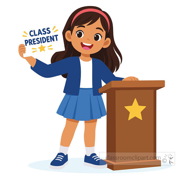 Smiling student stands at a podium holding a Class President sign during a school election speech