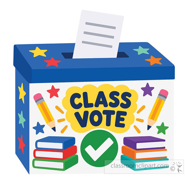 Colorful class vote ballot box decorated with pencils stars books and a large green checkmark
