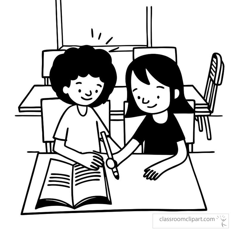 Two children sit at a table in a classroom helping each other with schoolwork They work together focused on a book sharing ideas and learning in a supportive environment