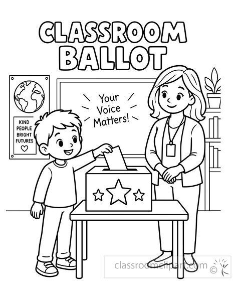 Classroom ballot coloring page with a student casting a vote beside a teacher and your voice matters board