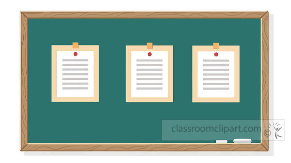 Classroom bulletin board clipart with a green board wooden frame pinned papers chalk and erasers