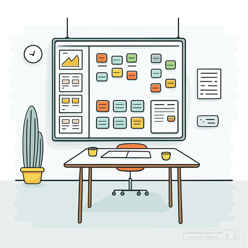 A modern classroom workspace with a desk and digital planning board showing colorful notes and charts