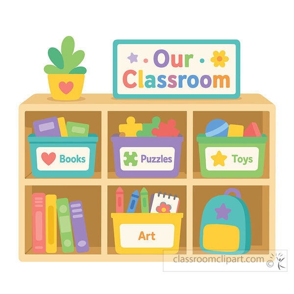 Colorful clipart of a classroom shelf with labeled bins books puzzles toys art supplies and backpack