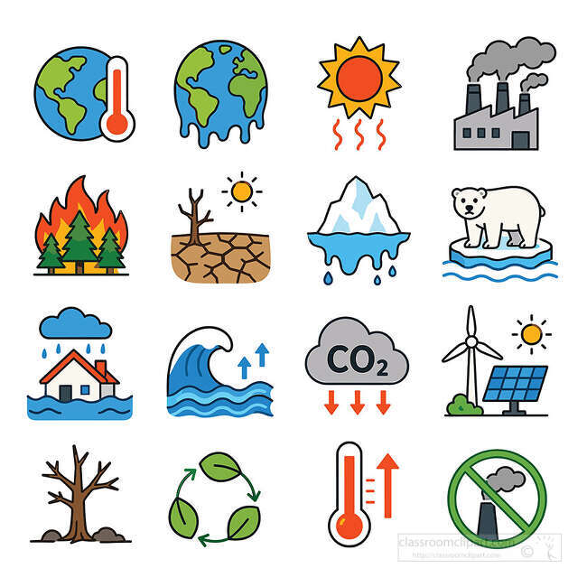 Climate change warning icon set with hot earth wildfire drought melting ice CO2 clean energy flood and thermometer