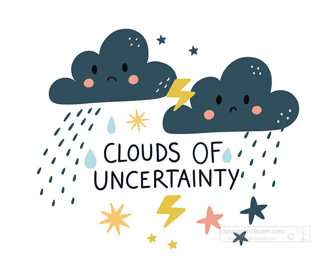 Two dark cartoon rain clouds with faces above the words Clouds of Uncertainty and lightning stars and raindrops