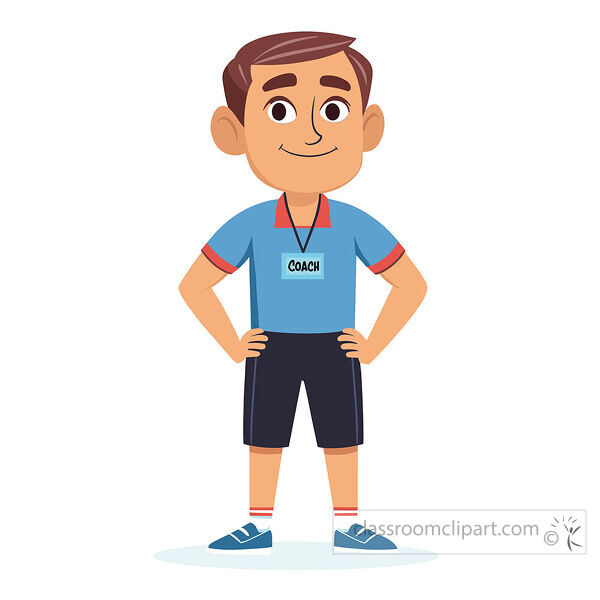 Smiling coach wearing a blue shirt black shorts and a whistle lanyard while standing with hands on hips