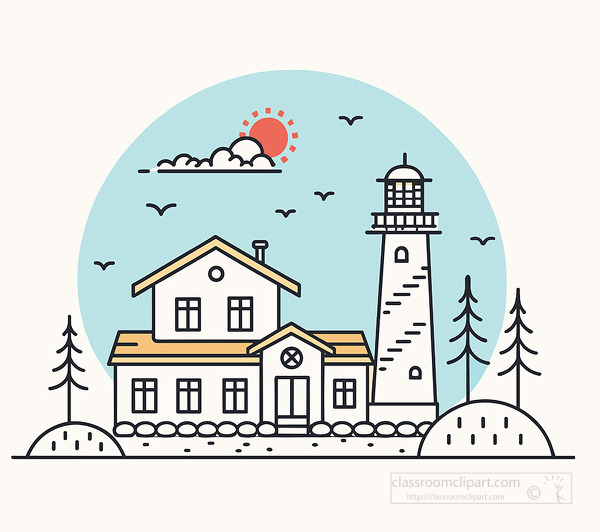 Peaceful coastal home beside lighthouse with sun and birds in the sky