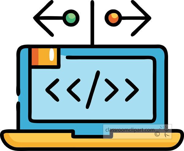 A vibrant coding laptop icon showcases geometric shapes in bright colors.