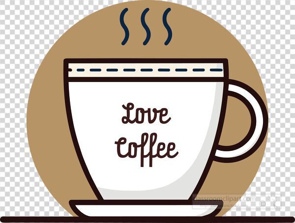 Minimalist vector illustration of a white coffee cup with the words love coffee and steam above it on a brown circle background