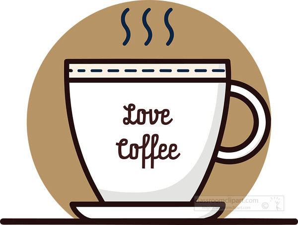 Minimalist vector illustration of a white coffee cup with the words love coffee and steam above it on a brown circle background