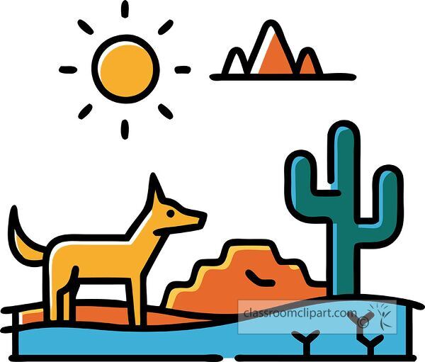 A stylized illustration of a desert landscape featuring a yellow dog, a cactus, and mountains under a bright sun.