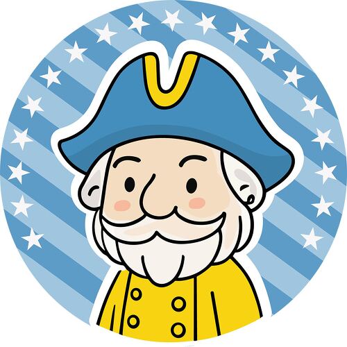 A smiling colonial captain in a blue coat and hat with a patriotic background