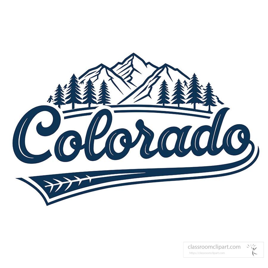 Vintage style Colorado state name logo featuring mountain range and pine trees ideal for school and classroom materials