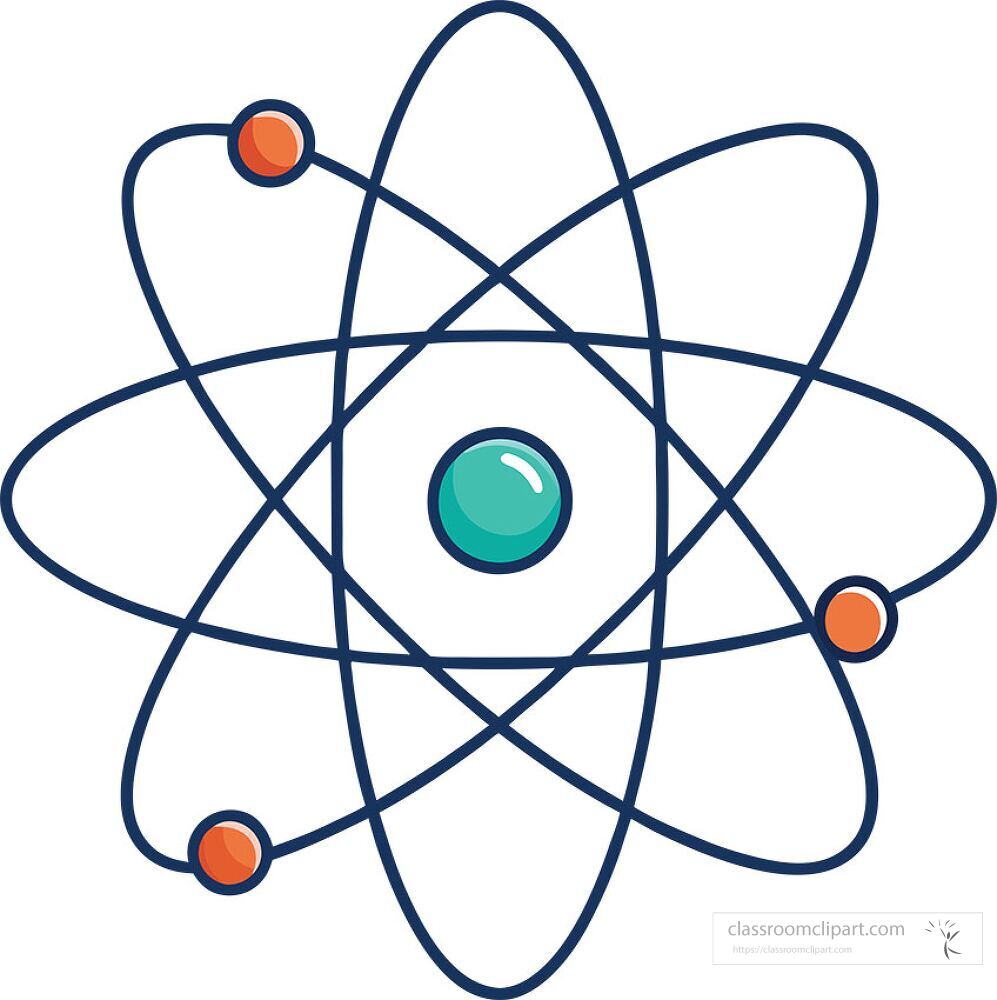 A simple and colorful depiction of an atom featuring a central nucleus and orbiting electrons This graphic symbolizes scientific study and understanding of matter and energy