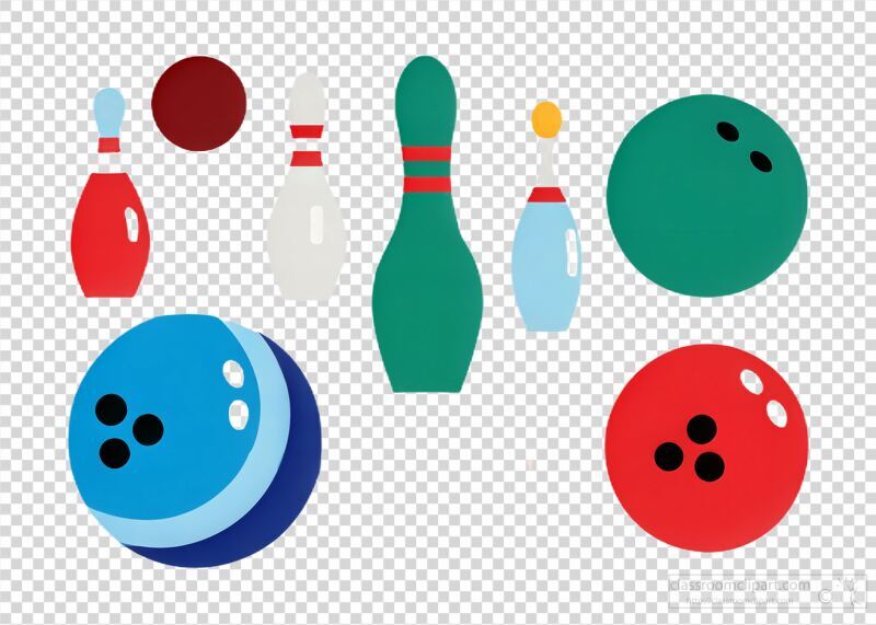 A vibrant set of bowling clipart showcases several bowling balls and pins in various colors. The design is set against a clean white background, perfect for numerous creative projects.