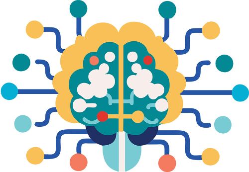 Colorful graphic of a brain linked to data lines symbolizing technology and intelligence.