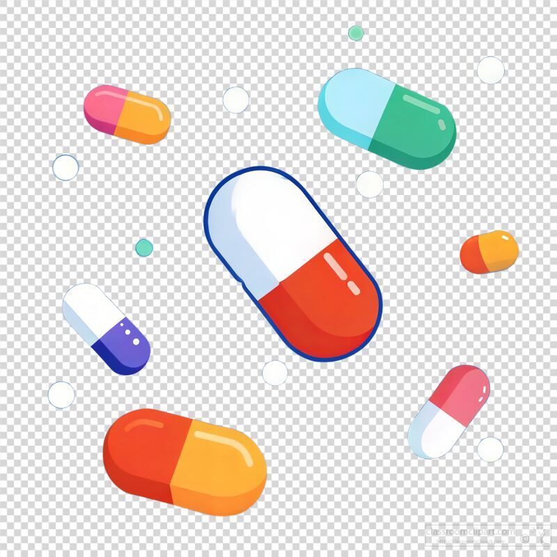 Various capsules and pills with bright colors are illustrated in mid air, showcasing different shapes and sizes, creating a vibrant and dynamic visual effect.