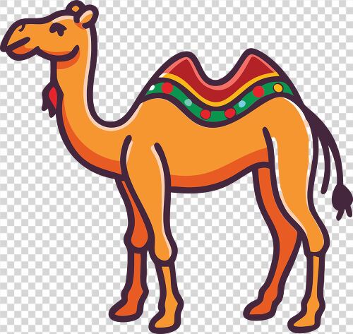 Cheerful camel with decorations standing in a clear desert setting