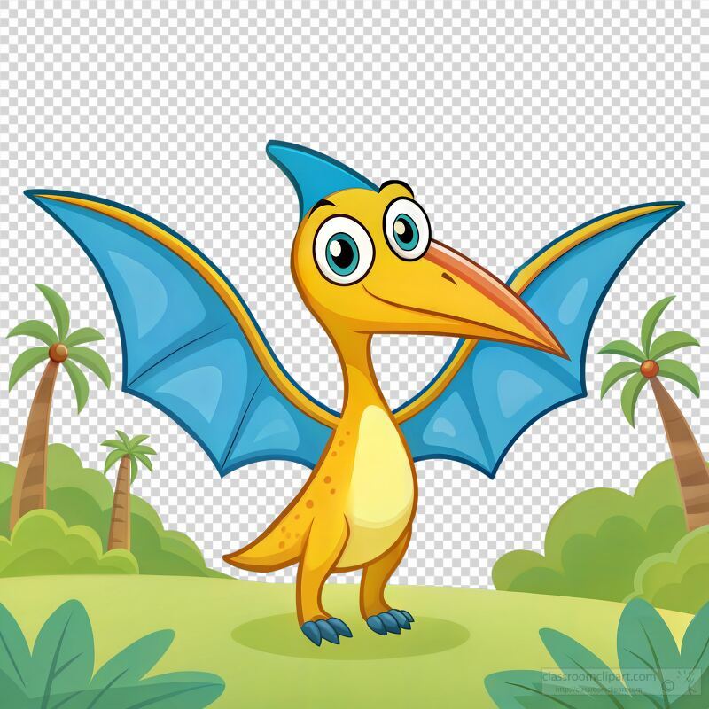 Colorful Cartoon Pterodactyl Stands Among Tropical Trees