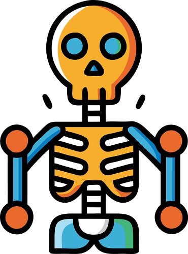 A colorful cartoon skeleton with a smiling face