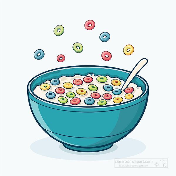 breakfast scene showing a blue bowl of milk with colorful cereal rings and a spoon inside