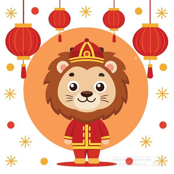 Festive chinese new year lion dance illustration with red lanterns and confetti great for holiday crafts posters and decorations