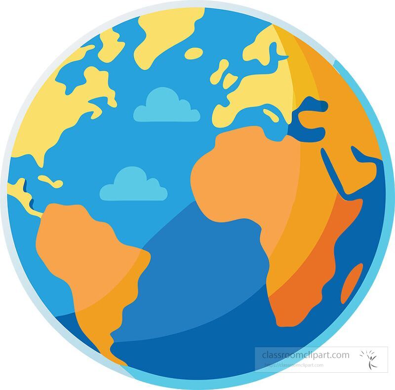 This illustration features a vibrant representation of the world map with blue oceans and yellow landmasses The design includes various clouds enhancing the overall cheerful look of the globe