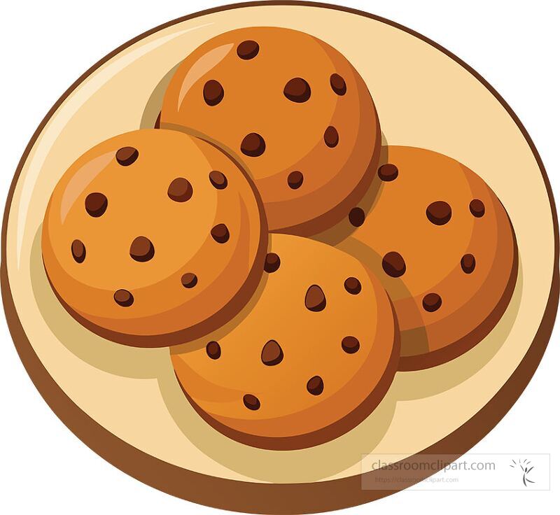 Four round cookies with chocolate chips are arranged on a beige plate The cookies have a golden brown color highlighting their delicious appeal