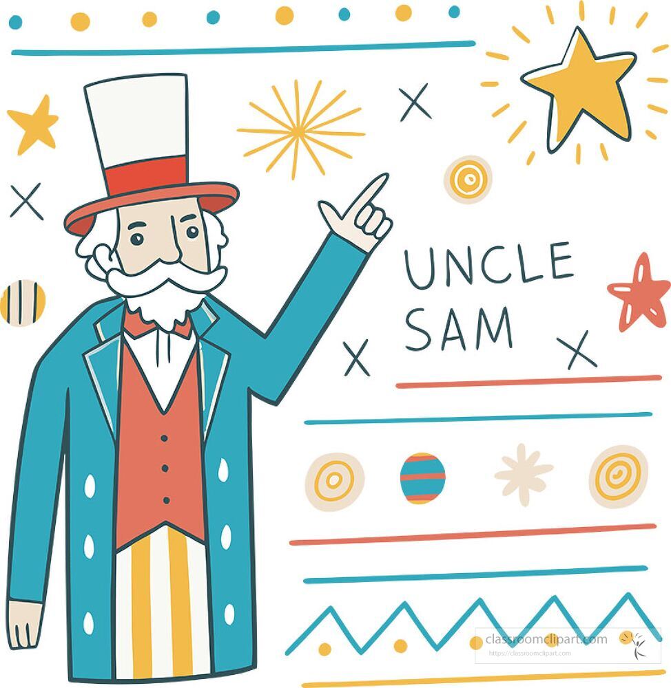 A playful clip art illustration of Uncle Sam wearing a tall hat and blue suit He is pointing upwards with a cheerful expression Colorful stars and patterns surround him