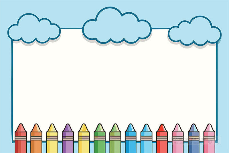 Cute school themed background with colorful crayons at the bottom and fluffy clouds framing a blank space for text or student work
