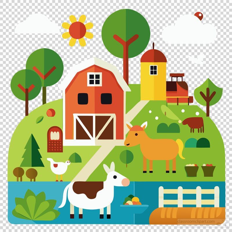 Colorful Farm Scene With Animals and Crops Under Sunlight