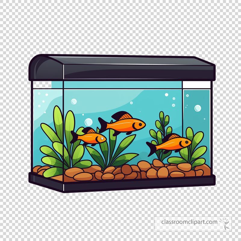 A captivating vector illustration of a fish tank featuring three colorful fish swimming among green plants and pebbles The transparent tank showcases an inviting underwater environment