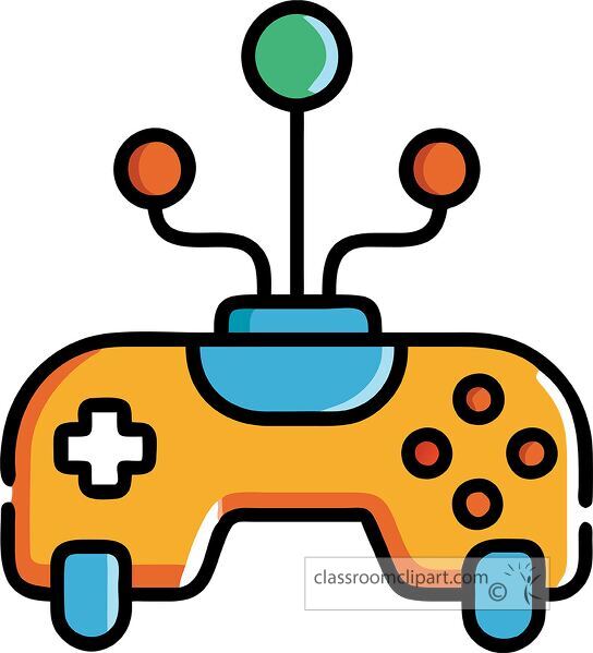 Flat design gaming controller icon features vibrant colors and playful shapes