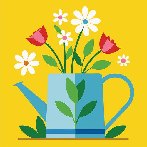 A cheerful watering can filled with vibrant flowers symbolizing springs arrival and beauty