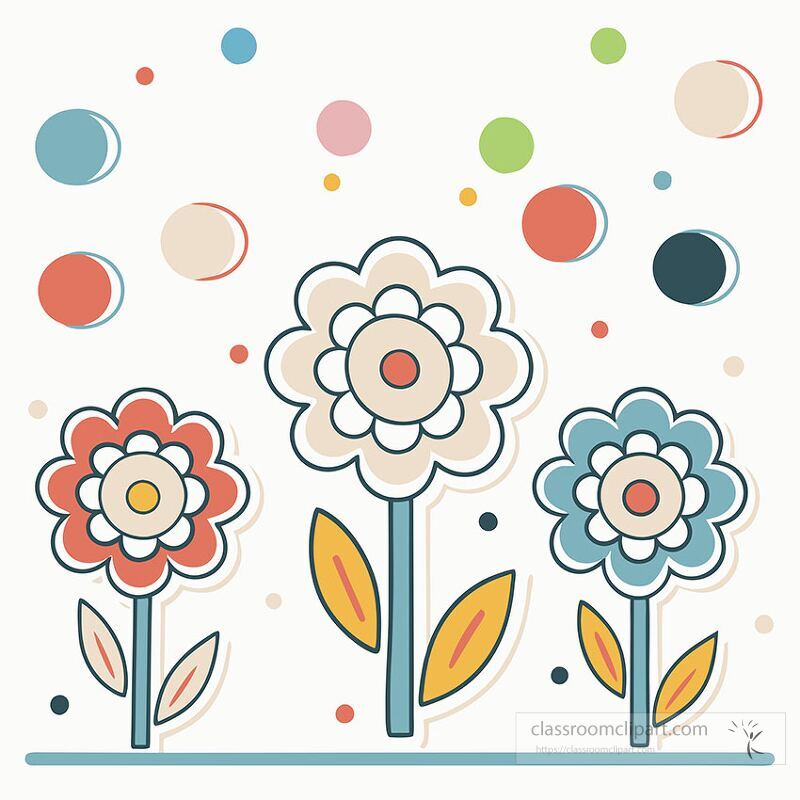 Three vibrant flowers showcase their beauty with colorful petals and green leaves Circular shapes surround them adding a whimsical touch to the cheerful composition