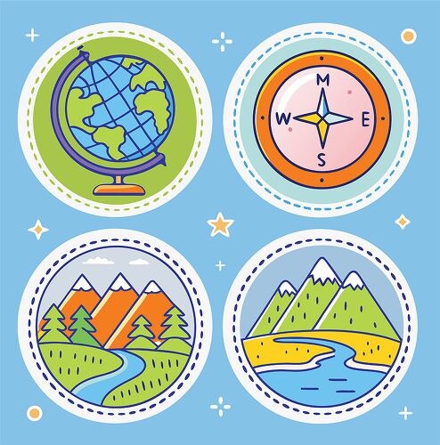 A collection of four round stickers featuring a globe a compass a mountain landscape and a river with a scenic view