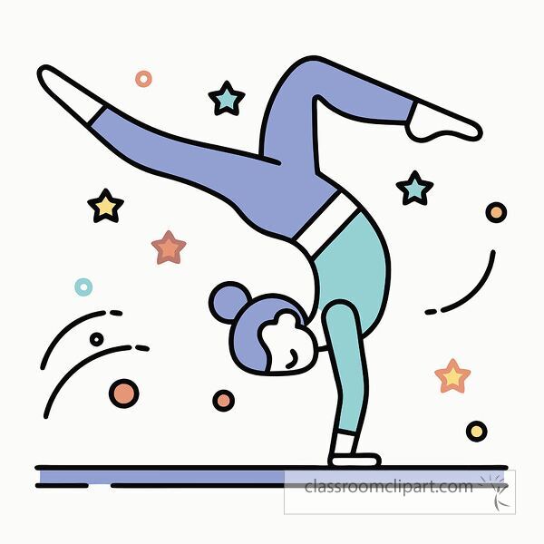 A colorful illustration of a person performing a handstand on a gym mat, surrounded by stars and circles, showcasing a playful and energetic vibe.