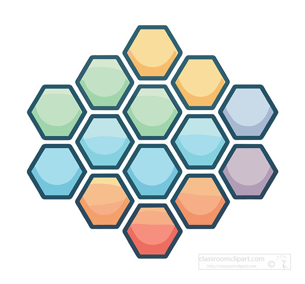 Bright geometric illustration with layered hexagon tiles in pastel gradients creating a modern honeycomb infographic background