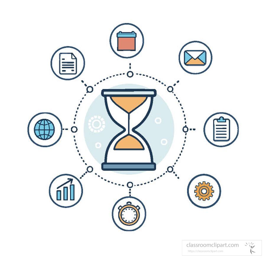 colorful hour glass with with moving icons animated