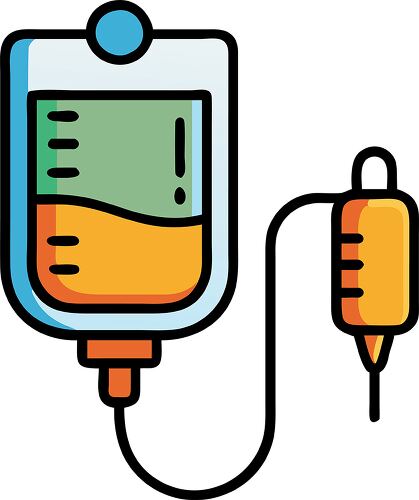 A colorful illustration of an IV bag with liquid inside connected to a tube and a drip chamber