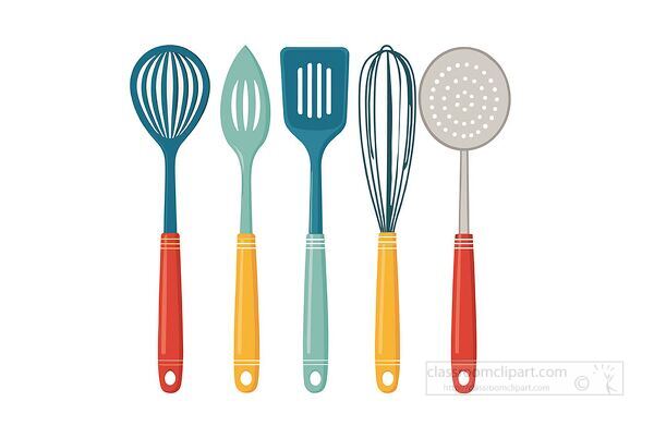 lat design illustration of colorful kitchen utensils including whisk spoon spatula and ladle perfect for cooking and food themes