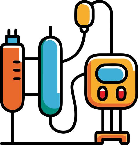 A colorful illustration of a medical device featuring various components like tubes and a monitor