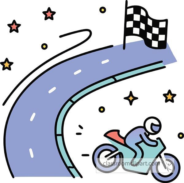 Motorcycle speeds on a colorful curved track with a flag.