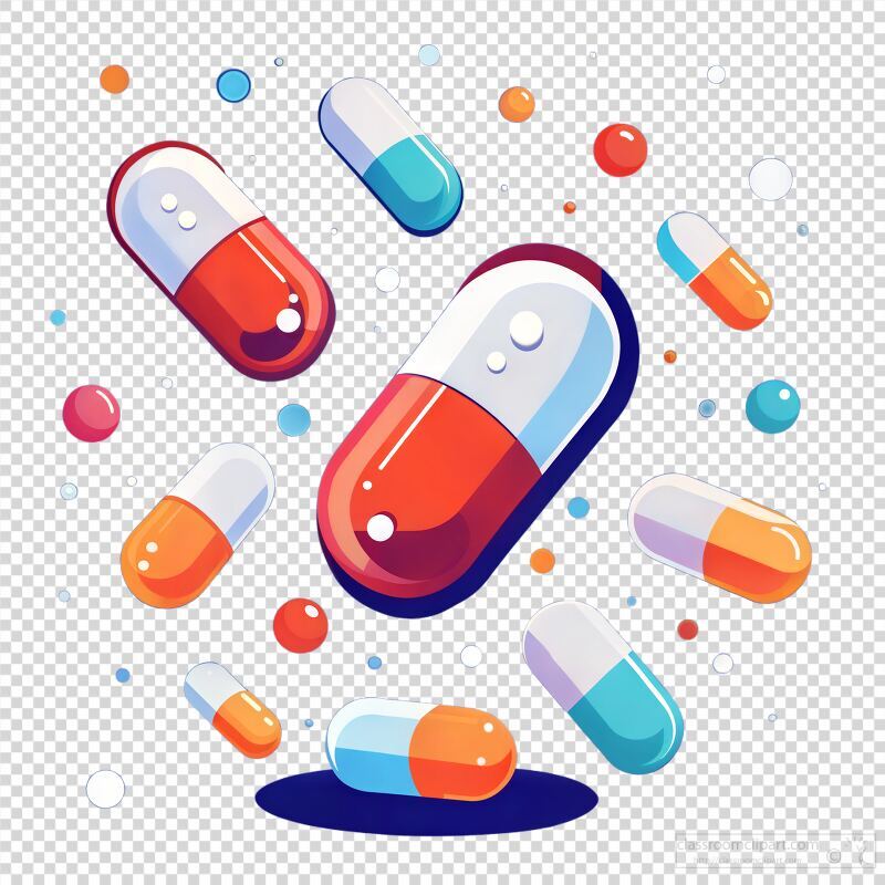 Colorful pills in various sizes and shapes are floating in an abstract bright background, creating a lively and dynamic visual effect that captures attention.