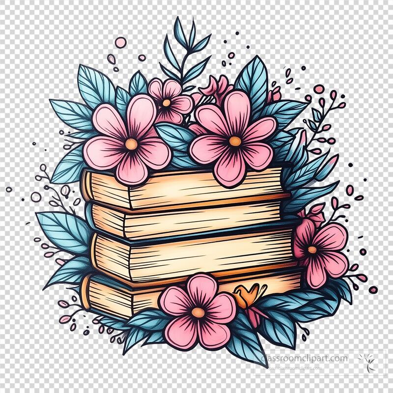 Stacked books are beautifully adorned with vibrant pink flowers and leafy greens This playful arrangement brings a cheerful touch of nature to the classic literary theme Ideal for book lovers and those who appreciate floral designs