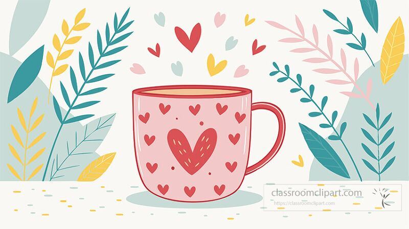 A whimsical pink mug filled with a warm beverage is surrounded by colorful hearts and leaves. Vibrant colors create a cheerful atmosphere perfect for a cozy moment.