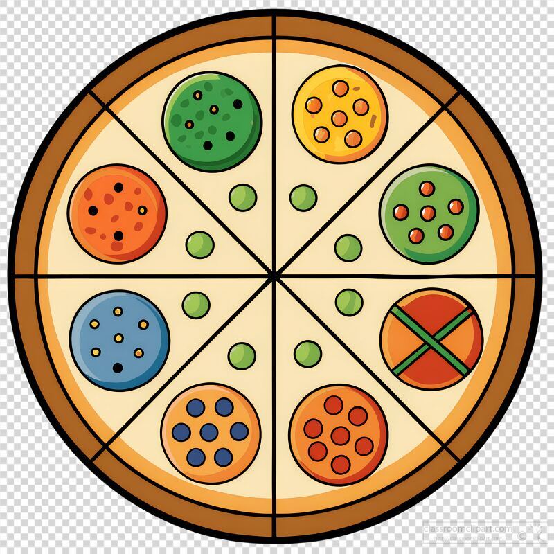 A vibrant grid illustration features a pizza divided into sections each topped with unique and colorful ingredients. The playful design invites viewers to explore the variety creating an artistic representation of favorite flavors in a fun layout.