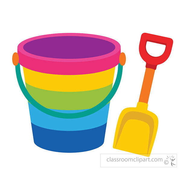 A rainbow striped sand bucket sits beside a yellow shovel with a red handle for beach play