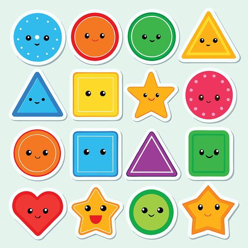 A set of colorful shape stickers including circles triangles squares and stars with cute expressions