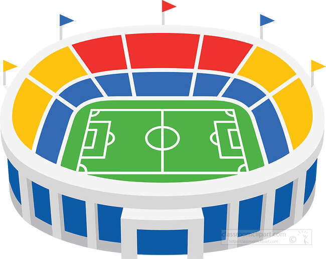 Colorful soccer stadium with green field red yellow and blue seating and small flags